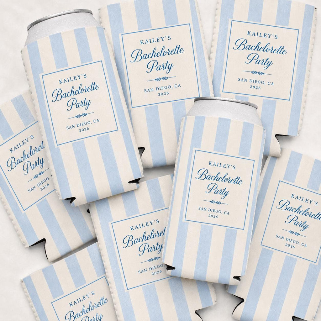 Custom Bachelorette Party Can Cooler, Bridal Shower Drinkware, Cabana Stripe Drink Coolers, Wedding Party Favors, Personalized Drink Holder
