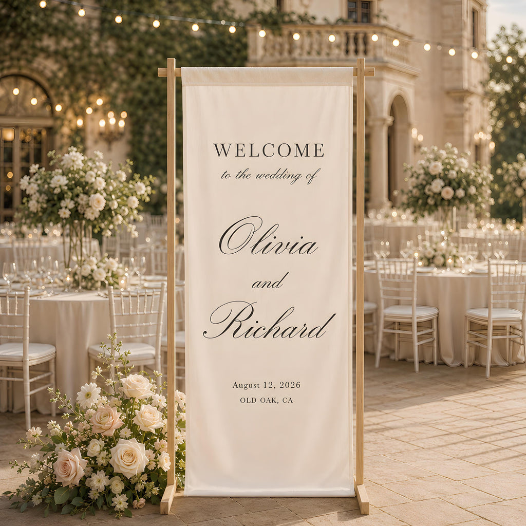 Personalized Vertical Wedding Welcome Banner, Minimalist Linen Sign for Reception Entrance and Ceremony Decor
