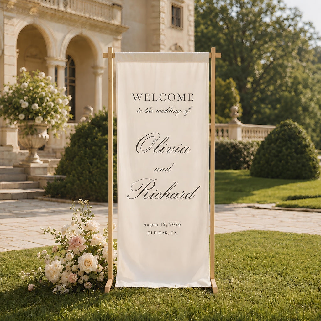 Personalized Vertical Wedding Welcome Banner, Minimalist Linen Sign for Reception Entrance and Ceremony Decor