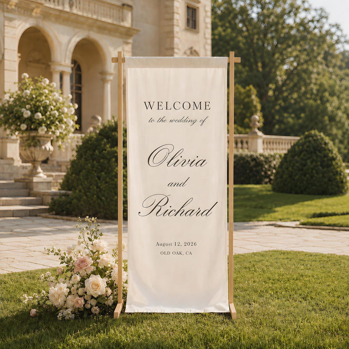 Personalized Vertical Wedding Welcome Banner, Minimalist Linen Sign for Reception Entrance and Ceremony Decor