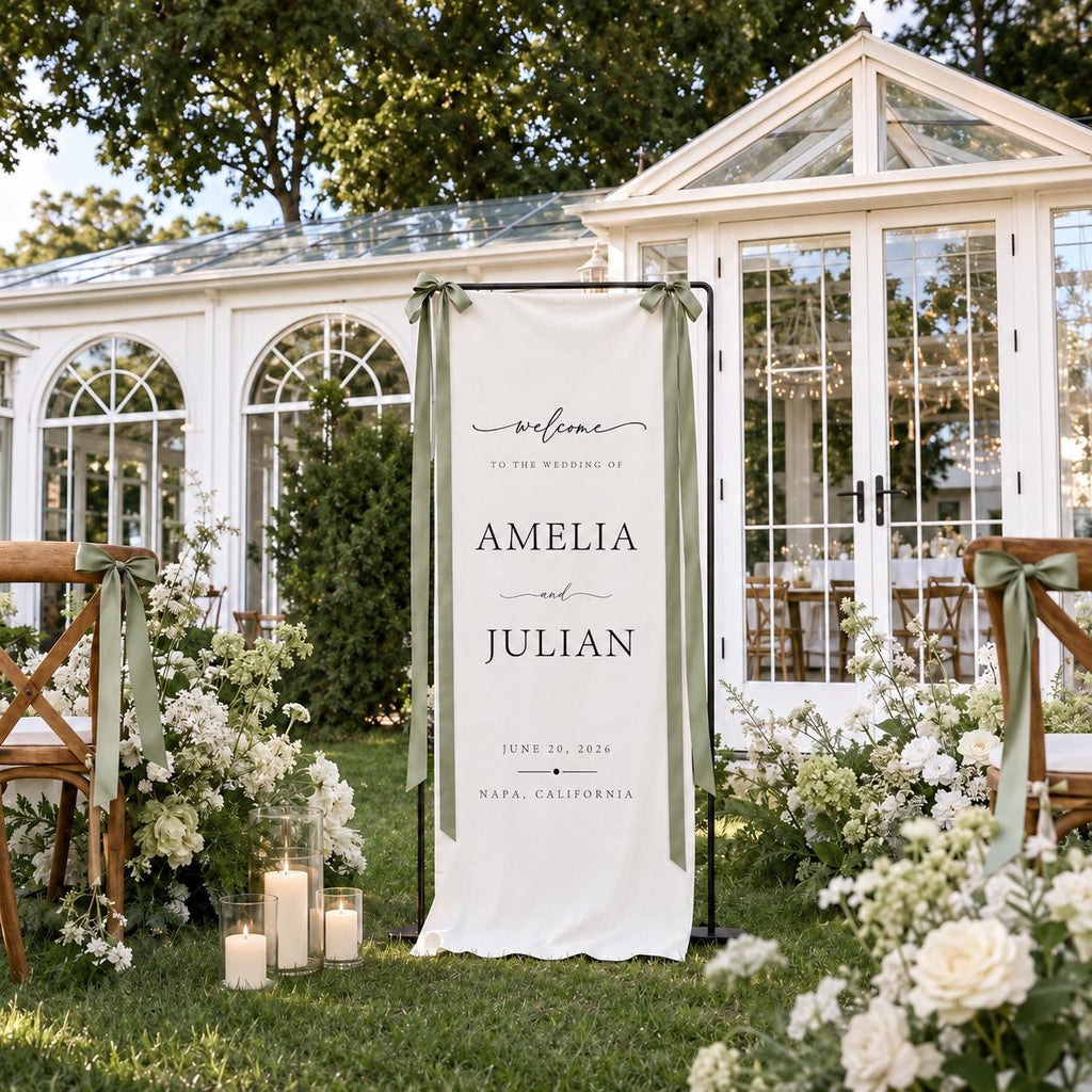 Custom Linen Wedding Welcome Sign, Fabric Wedding Banner, Personalized Ceremony Decor, Modern Wedding Entrance Sign