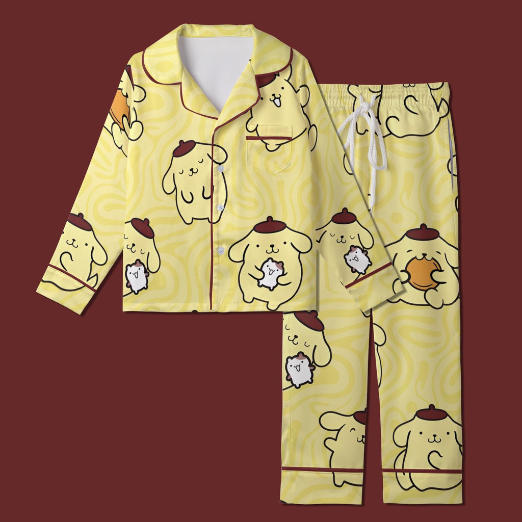 Cute Yellow Puppy Pajamas Set, Kawaii Beret Dog Sleepwear For Family, Pastel Yellow Swirl Pajamas, Slumber Party Gifts