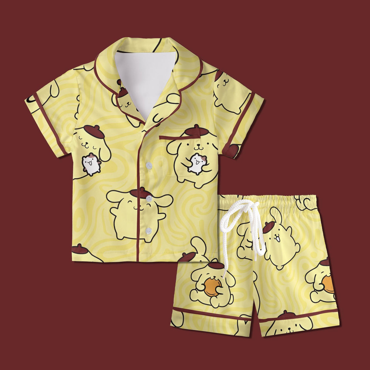Cute Yellow Puppy Pajamas Set, Kawaii Beret Dog Sleepwear For Family, Pastel Yellow Swirl Pajamas, Slumber Party Gifts