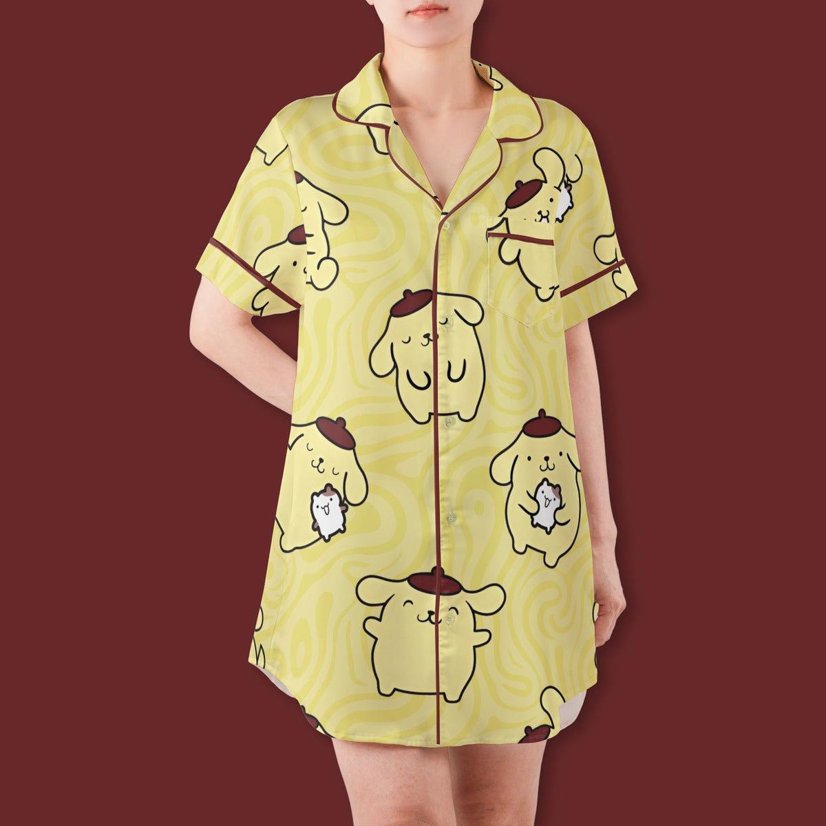 Cute Yellow Puppy Pajamas Set, Kawaii Beret Dog Sleepwear For Family, Pastel Yellow Swirl Pajamas, Slumber Party Gifts