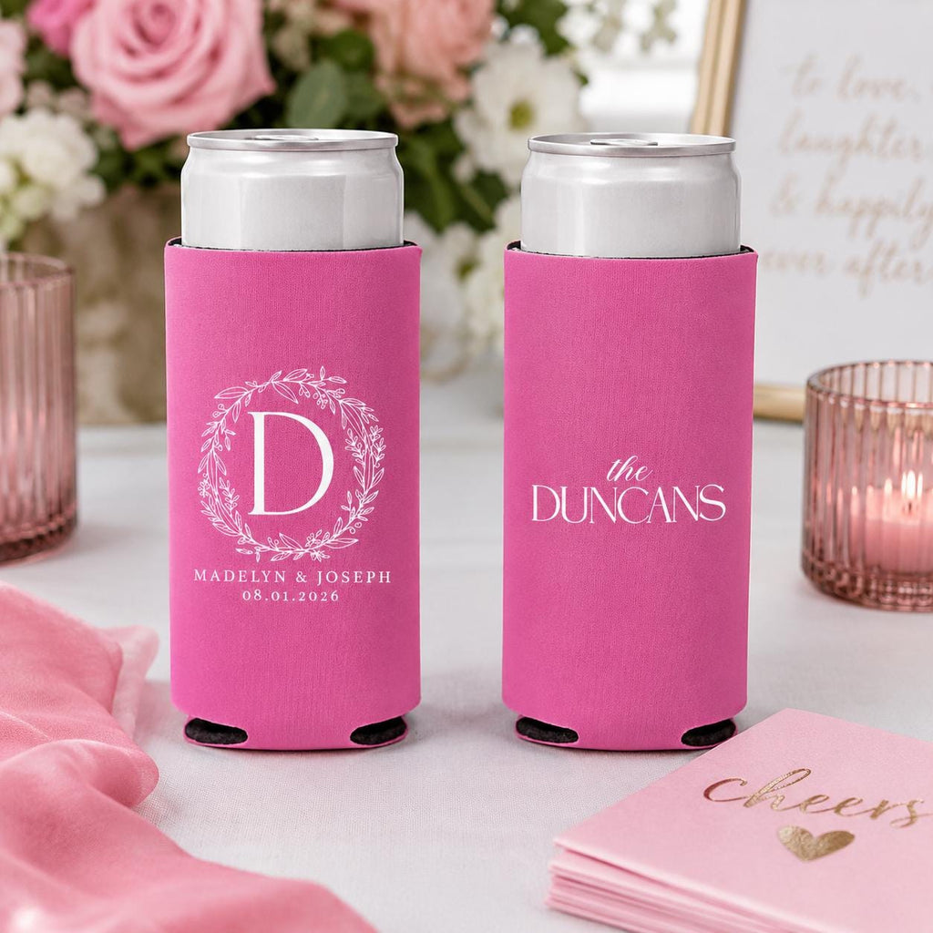 Personalized Slim Can Coolers for Weddings and Bachelorette Parties Custom Skinny Can Drink Sleeves Bulk Modern Party Favors