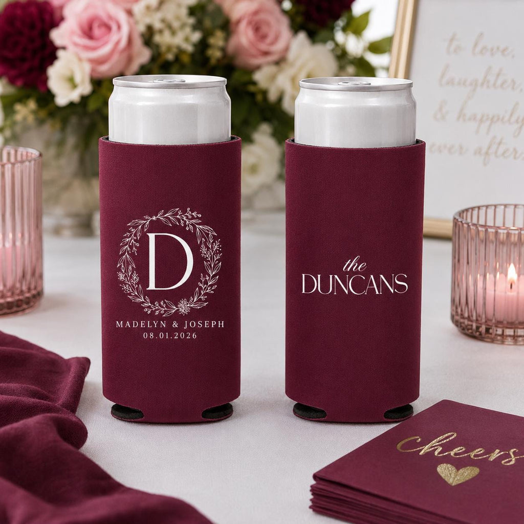 Personalized Slim Can Coolers for Weddings and Bachelorette Parties Custom Skinny Can Drink Sleeves Bulk Modern Party Favors