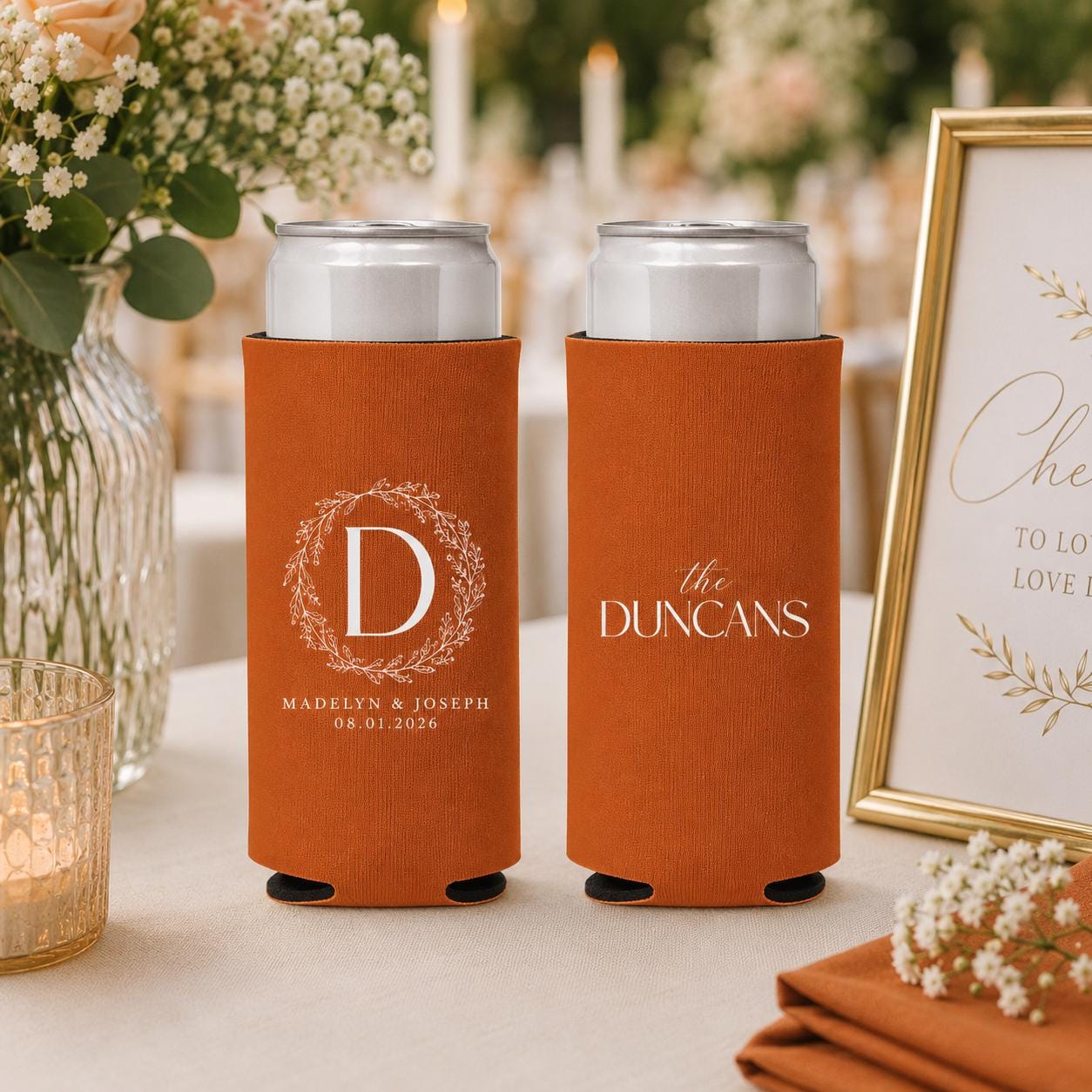 Personalized Slim Can Coolers for Weddings and Bachelorette Parties Custom Skinny Can Drink Sleeves Bulk Modern Party Favors