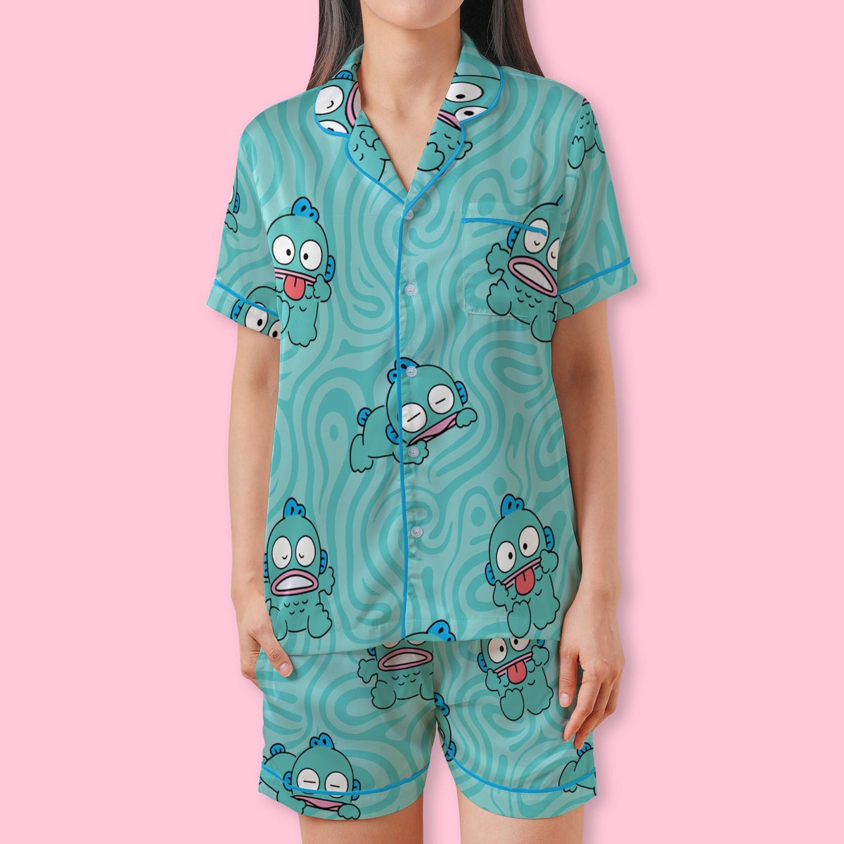 Kawaii Blue Monster Pajamas Set, Funny Blue Fish Shirt Dress, Sanrio Character Sleepwear, Birthday Gift, Slumber Party Gifts