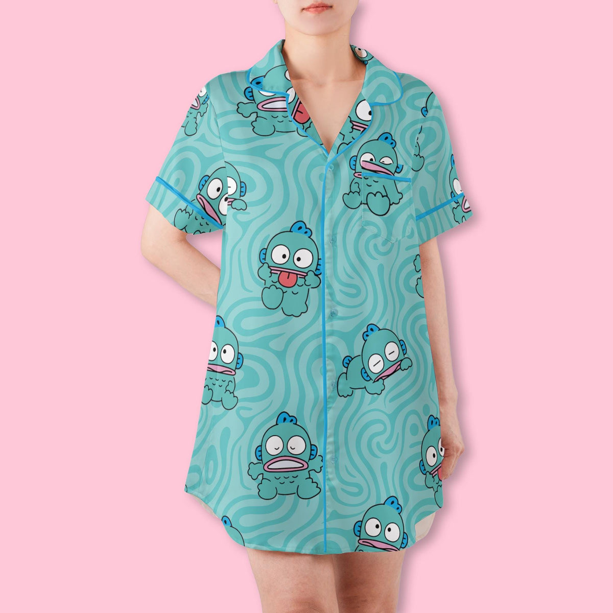 Kawaii Blue Monster Pajamas Set, Funny Blue Fish Shirt Dress, Sanrio Character Sleepwear, Birthday Gift, Slumber Party Gifts