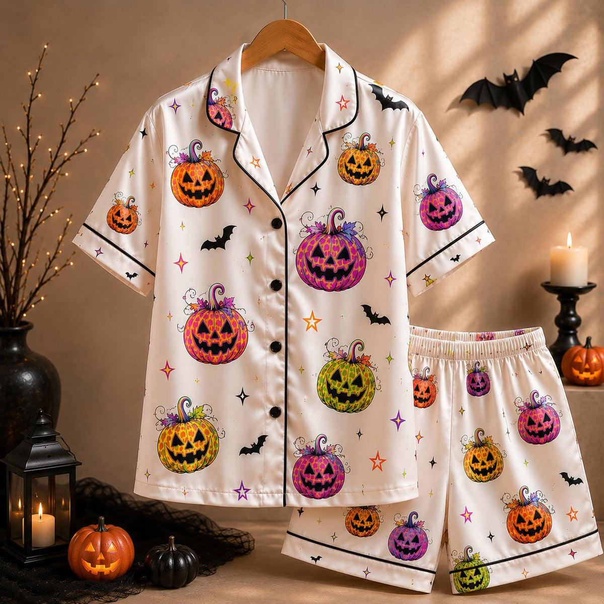 Halloween Pumpkin Pajama Set, Leopard Pumpkin Fall PJs, Colorful Spooky Boutique Sleepwear