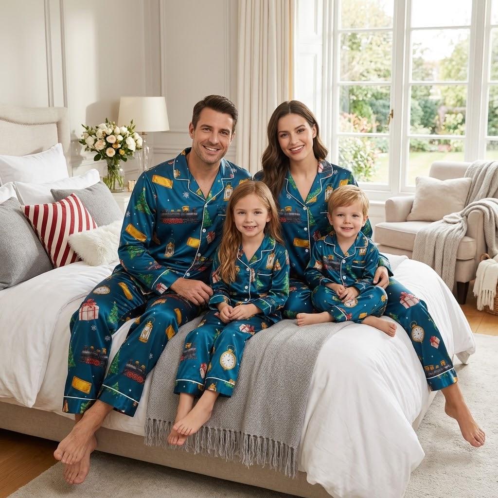Christmas Train Satin Pajamas Set, Polar Express Inspired Sleepwear, Matching Family Xmas Pajama, Christmas Pajamas, Christmas Train Pajamas
