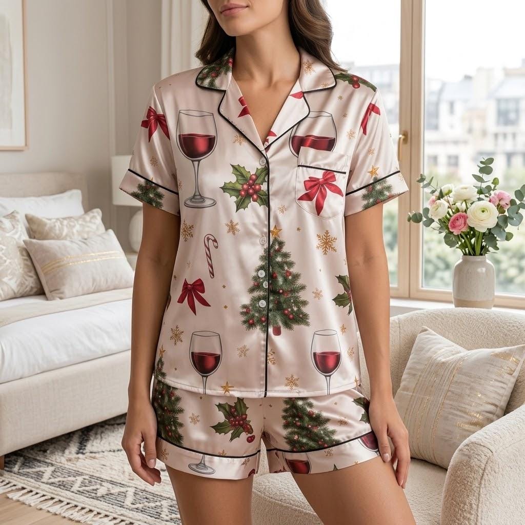 Wine Glass Christmas Trees Satin Pajamas Set, Champagne Pajamas, Christmas Gifts, Christmas Pajamas, Family Matching Christmas Pajamas