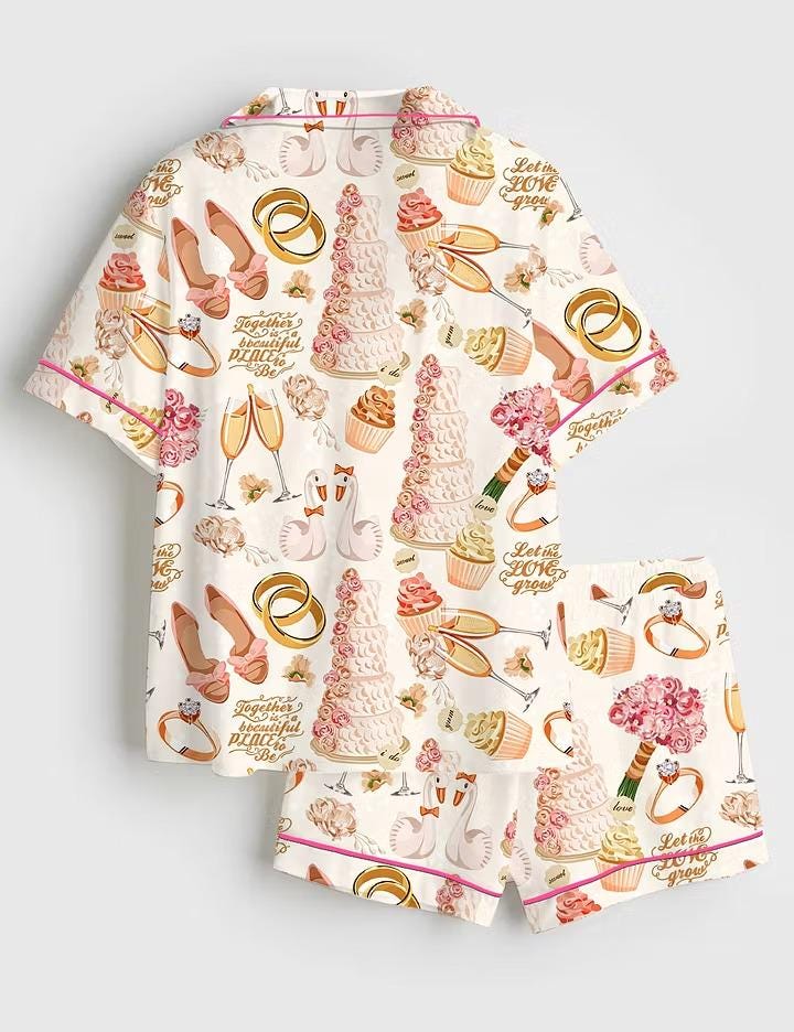 Luxury Champagne Cake Satin Pajamas, Chic Wedding Short Sleeve Pjs for Women, Silky Bridal Party Sleepwear, Future Mrs Gift