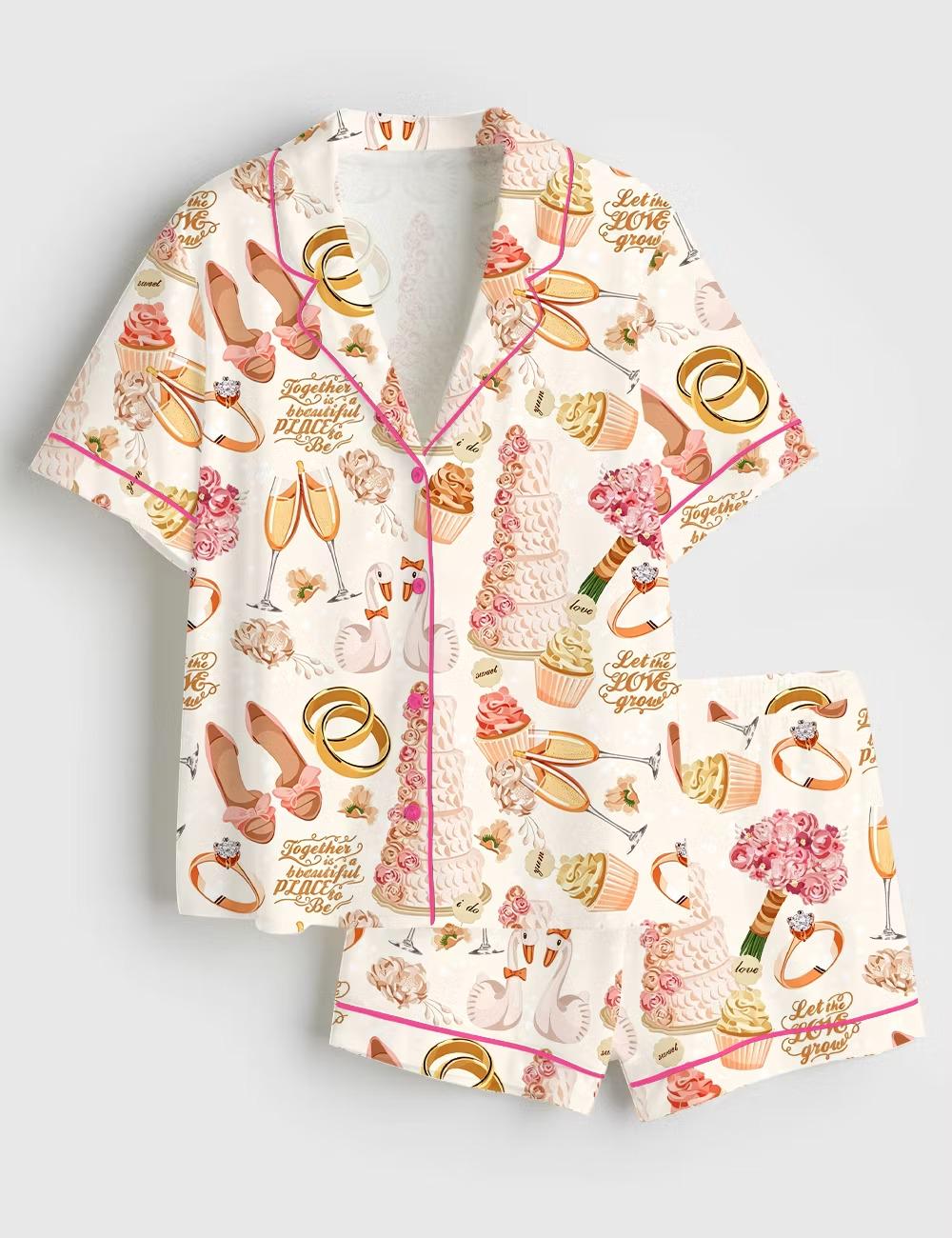 Luxury Champagne Cake Satin Pajamas, Chic Wedding Short Sleeve Pjs for Women, Silky Bridal Party Sleepwear, Future Mrs Gift
