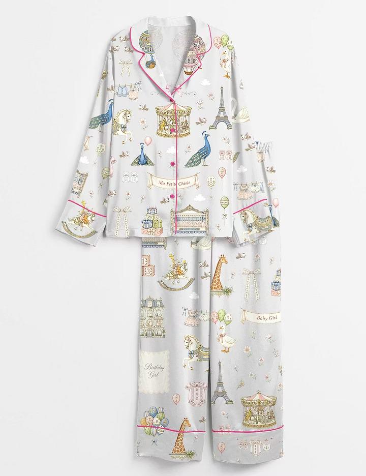 Chic Paris Eiffel Tower Silky Satin Pajamas, Cute Carousel Swan Short Sleeve Pjs Set, Elegant Vacation Loungewear, Bridesmaid PJ Gift