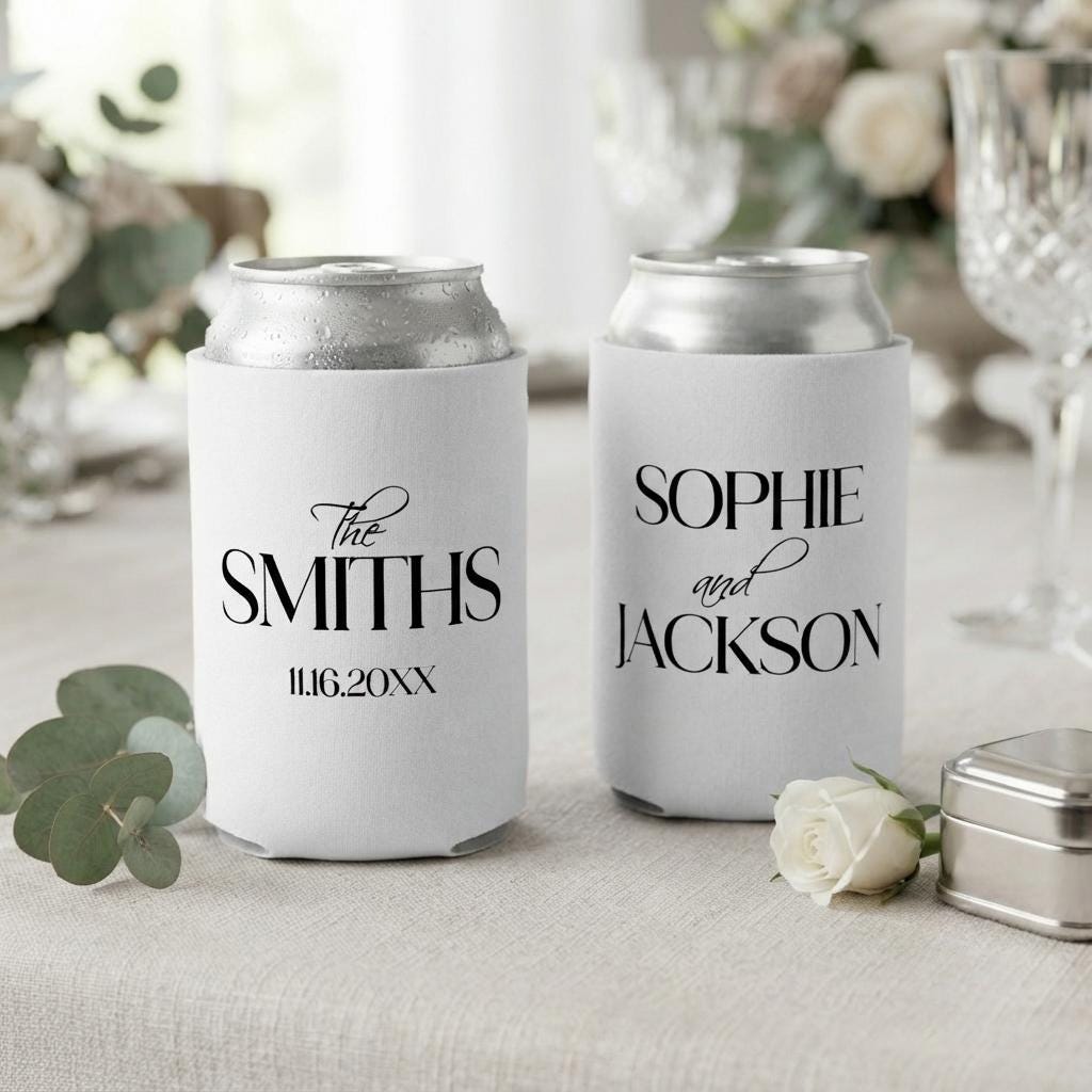 Custom Wedding Can Coolers Personalized Wedding Favors for Guests Beer Can Holder Wedding Reception Drink Sleeves