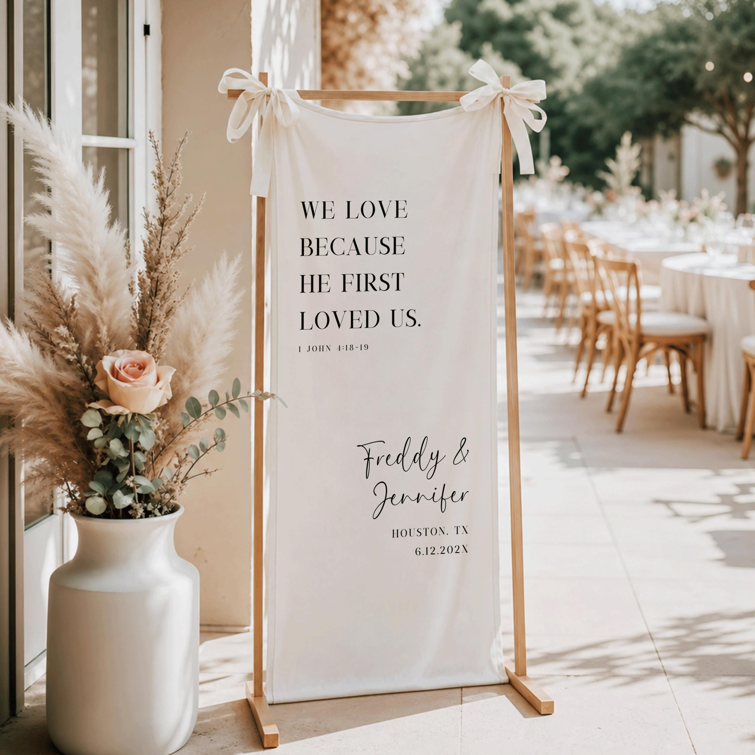 Custom Bible Verse Wedding Banner, Linen Christian Wedding Welcome Sign, Rustic Church Ceremony Decor, Personalized Quote Reception Signage