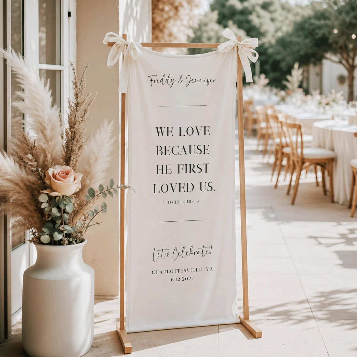 Custom Scripture Linen Wedding Banner, Fabric Church Wedding Welcome Sign, Outdoor Christian Ceremony Decor, 1 John 4:18 Reception Signage