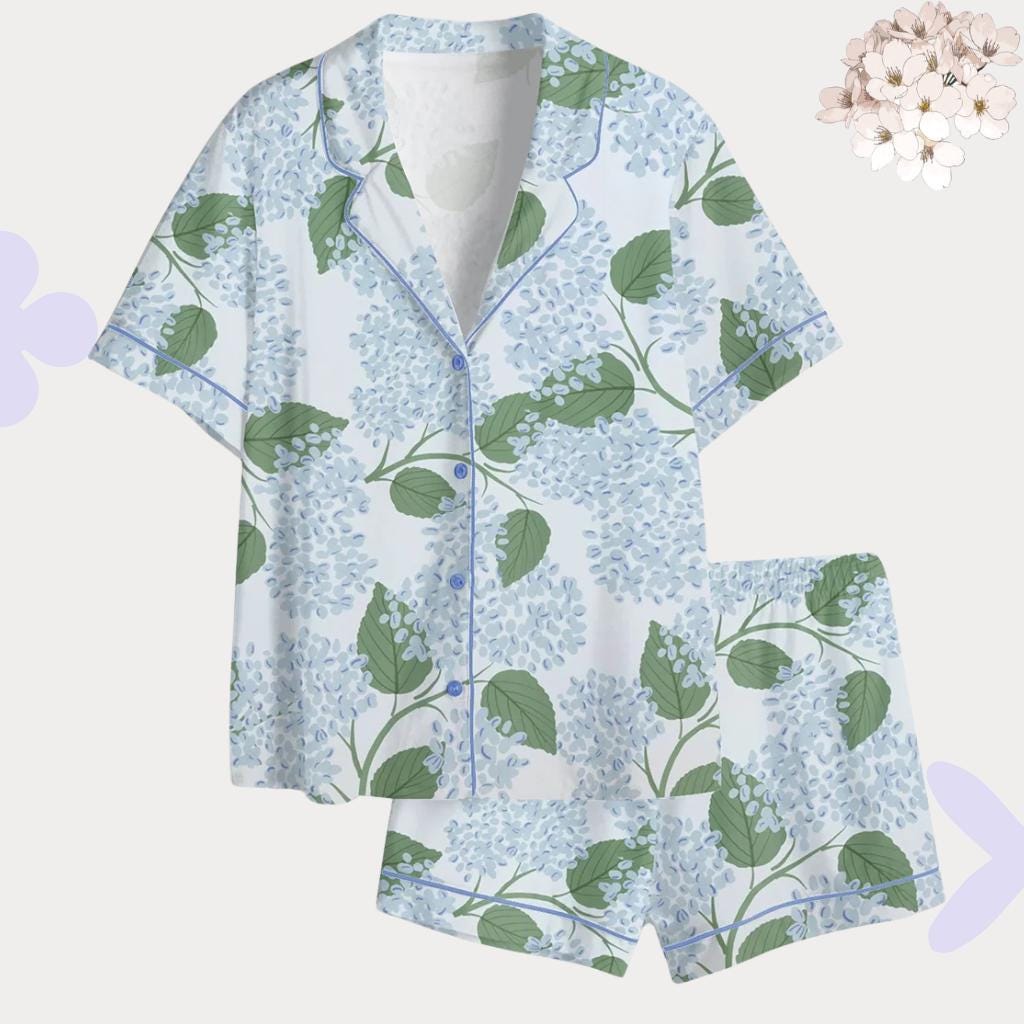 Blue Hydrangea Botanical Sleepwear - Floral Women Loungewear Cozy Sleepwear - Mother's Day Gift