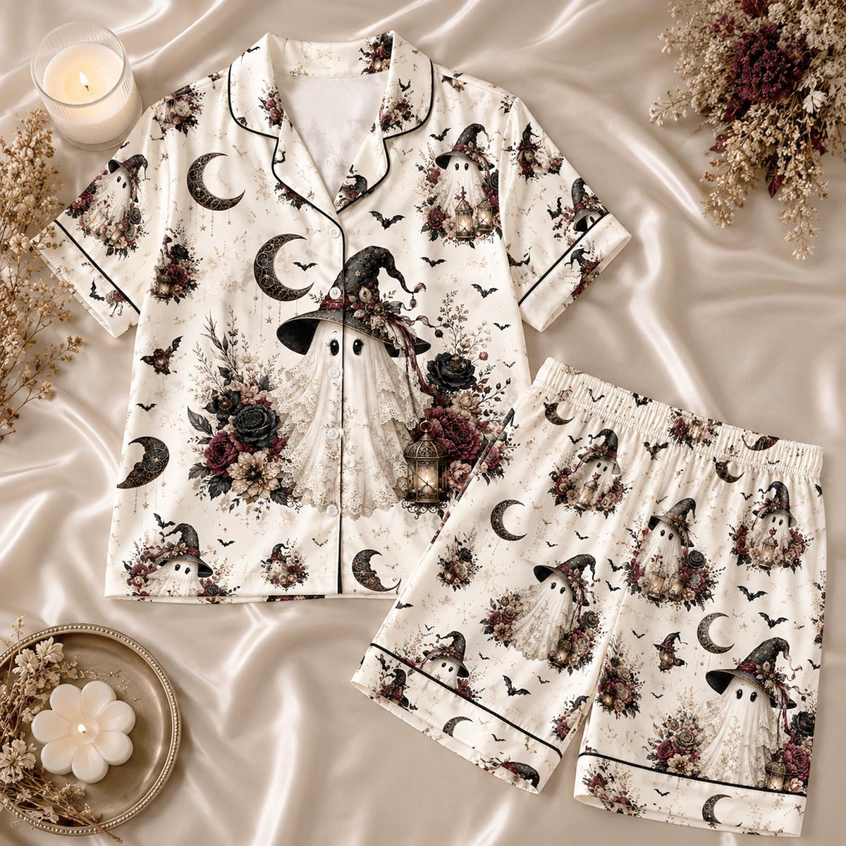Witchy Ghost Satin Pajama Set, Spooky Halloween Floral PJ Set, Vintage Gothic Loungewear, Fall Gift for Her