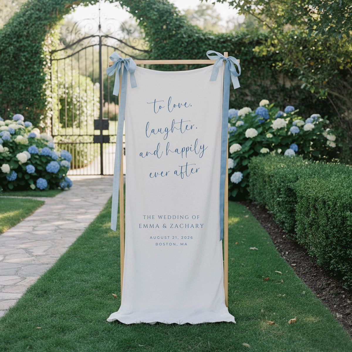 Love Laughter Happily Ever After Wedding Banner, Personalized Linen Wedding Welcome Sign for Reception, Rustic Fabric Engagement Party Decor