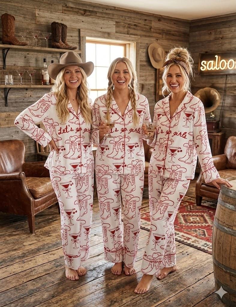 Western Cowgirl - Let's Go Girls Pajamas – Cowgirl Boot Martini pjs– Nashville Bachelorette Party Gift