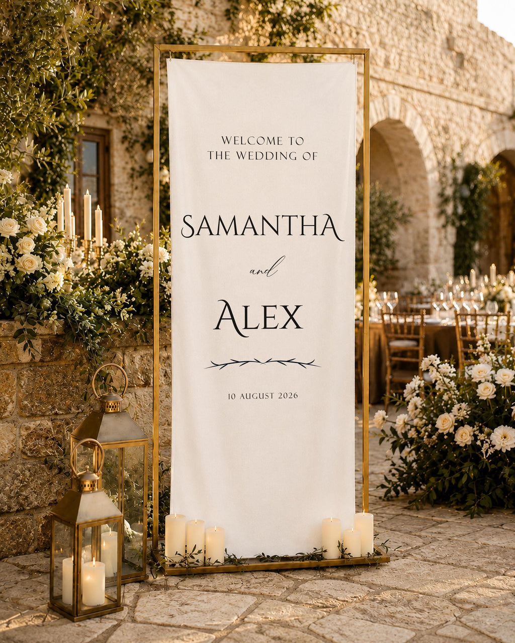 Personalized Fabric Wedding Welcome Sign, Custom Names Date Banner, Elegant Ceremony Decor