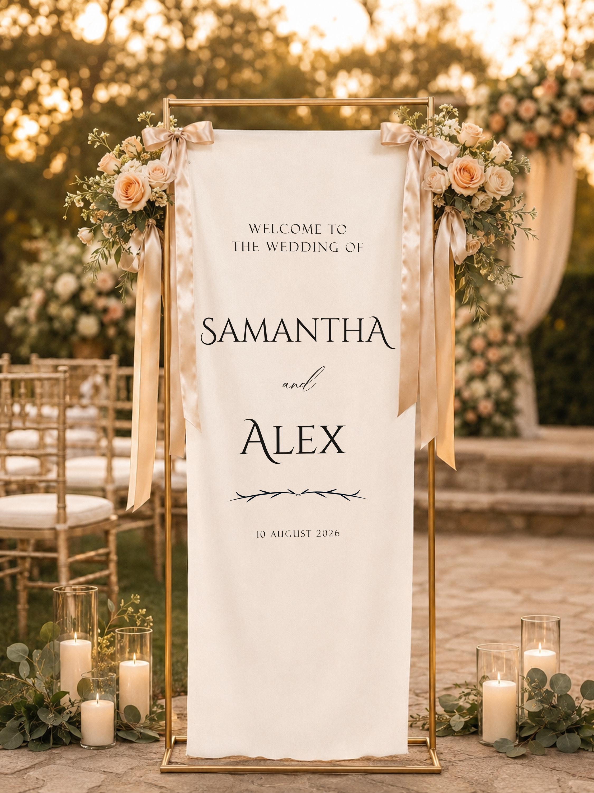 Personalized Fabric Wedding Welcome Sign, Custom Names Date Banner, Elegant Ceremony Decor