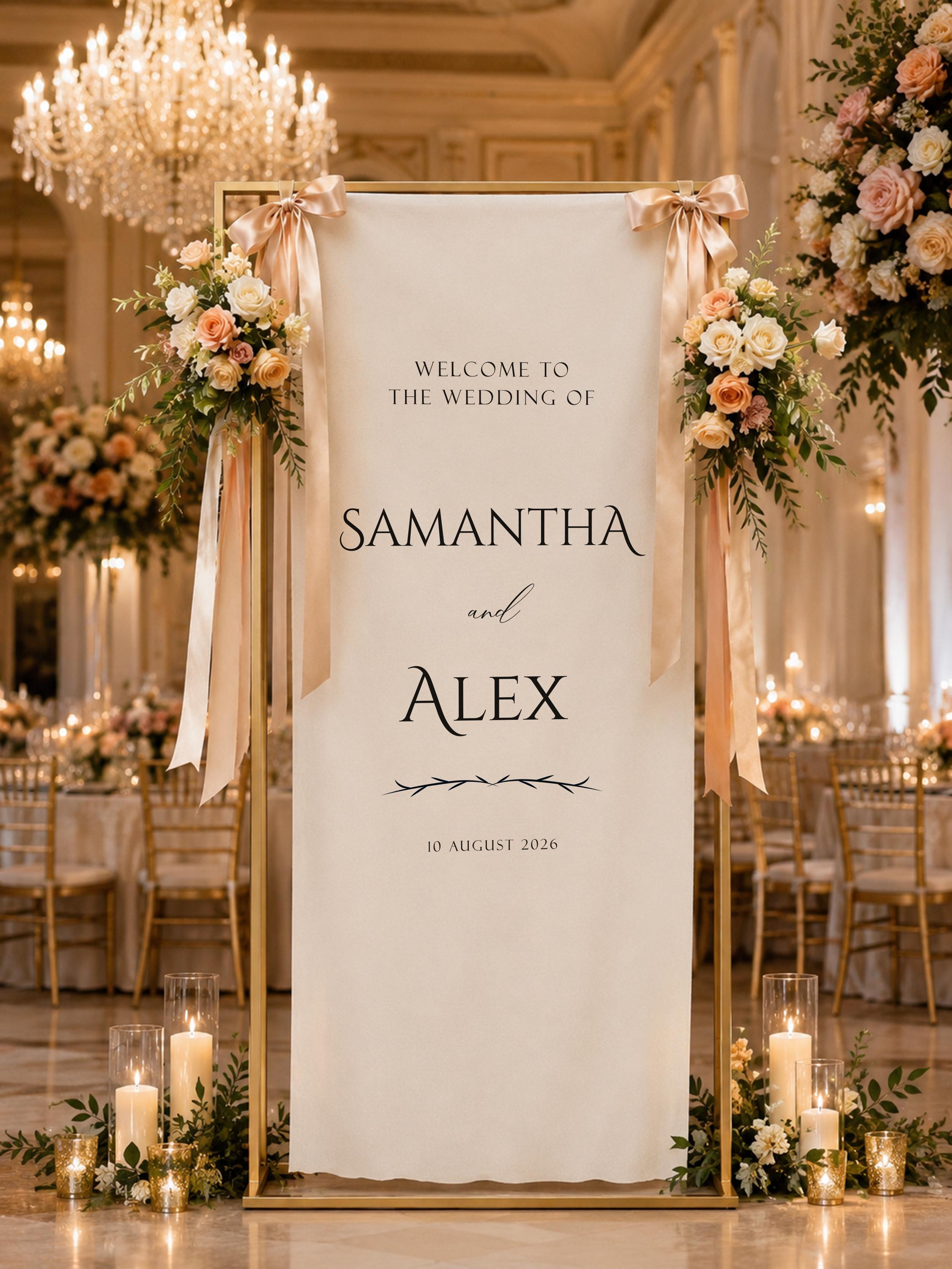 Personalized Fabric Wedding Welcome Sign, Custom Names Date Banner, Elegant Ceremony Decor