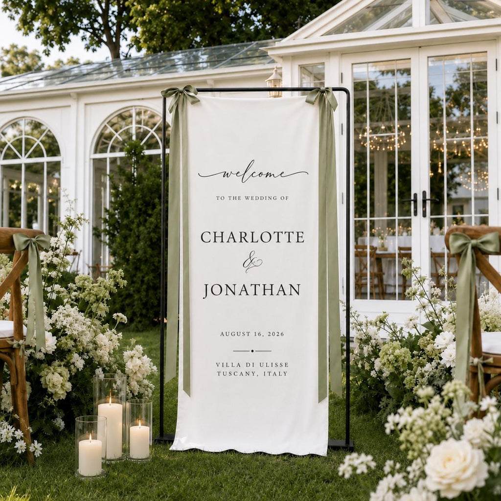 Personalized Fabric Wedding Welcome Sign, Custom Linen Wedding Banner, Modern Ceremony Entrance Decor, Wedding Name Date Sign