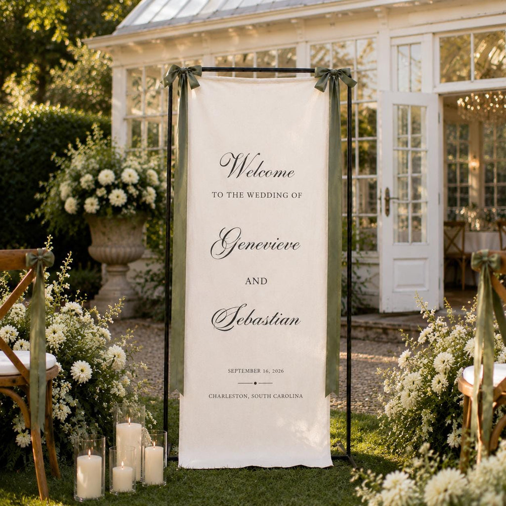 Personalized Fabric Wedding Welcome Sign, Custom Linen Wedding Banner, Modern Ceremony Entrance Decor, Wedding Name Date Sign