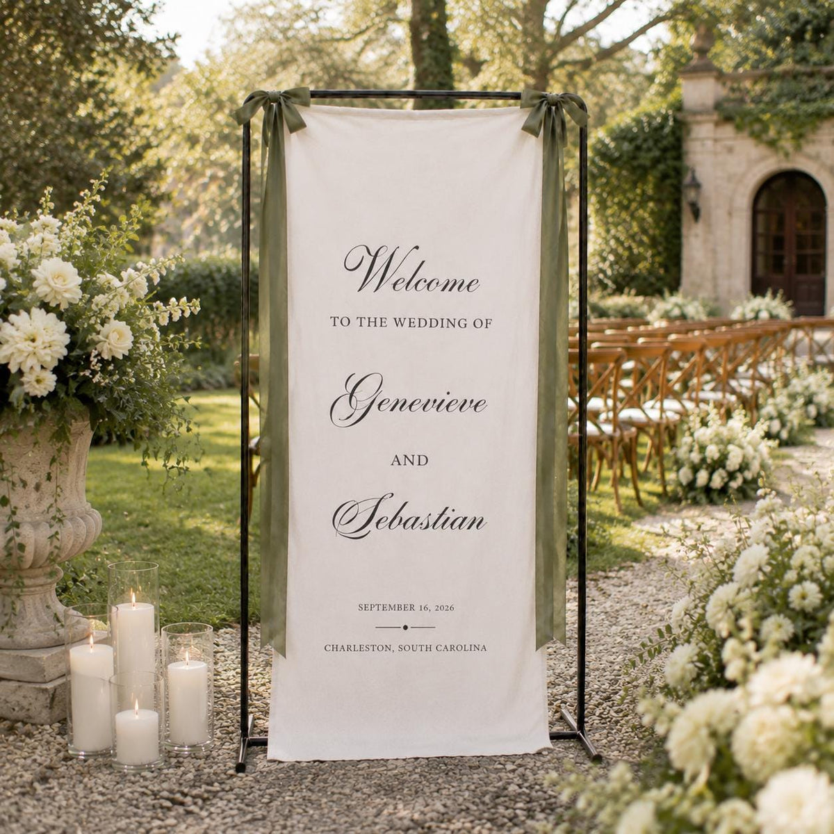 Personalized Fabric Wedding Welcome Sign, Custom Linen Wedding Banner, Modern Ceremony Entrance Decor, Wedding Name Date Sign