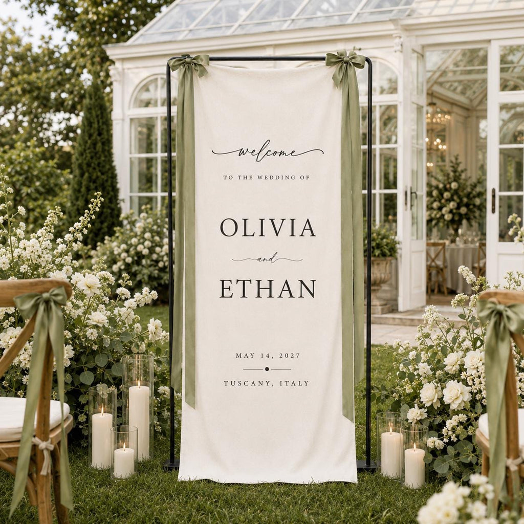 Personalized Linen Wedding Banner, Custom Fabric Welcome Sign, Modern Wedding Ceremony Decor, Elegant Reception Entrance Sign, Name Date