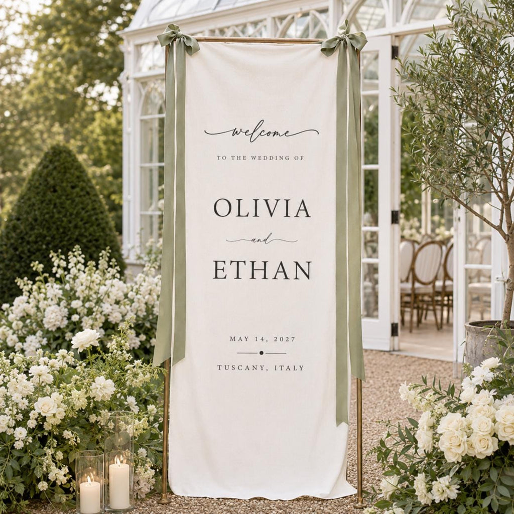 Personalized Linen Wedding Banner, Custom Fabric Welcome Sign, Modern Wedding Ceremony Decor, Elegant Reception Entrance Sign, Name Date