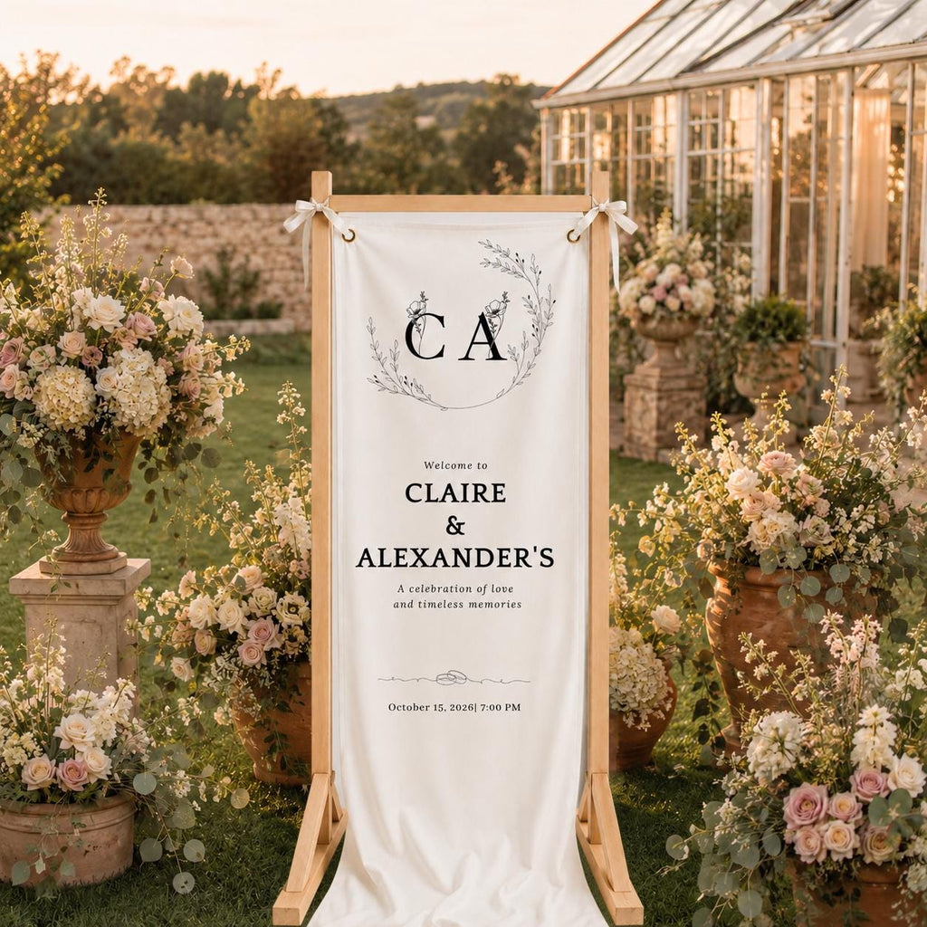 Custom Wedding Entrance Banner with Wooden Stand