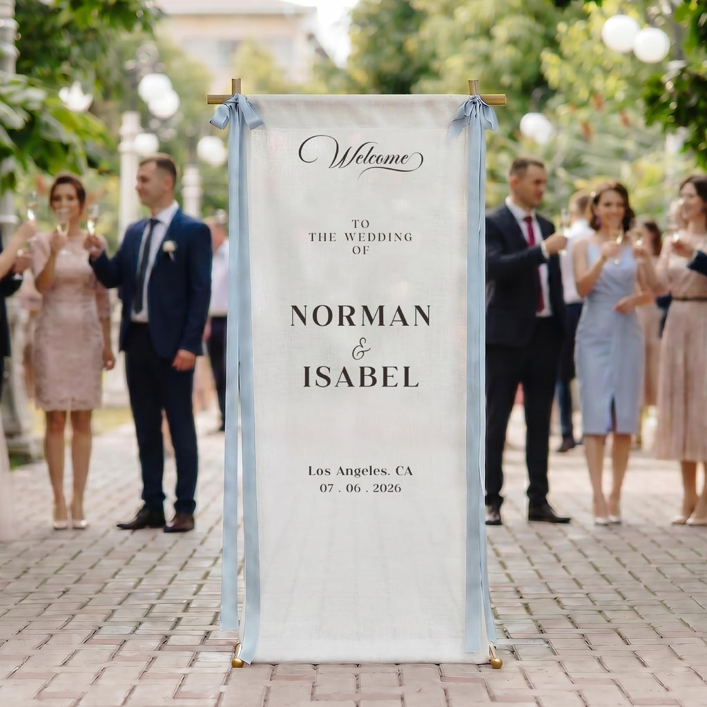 Custom Linen Wedding Welcome Sign - Personalized Boho Ceremony Decor with Name & Date
