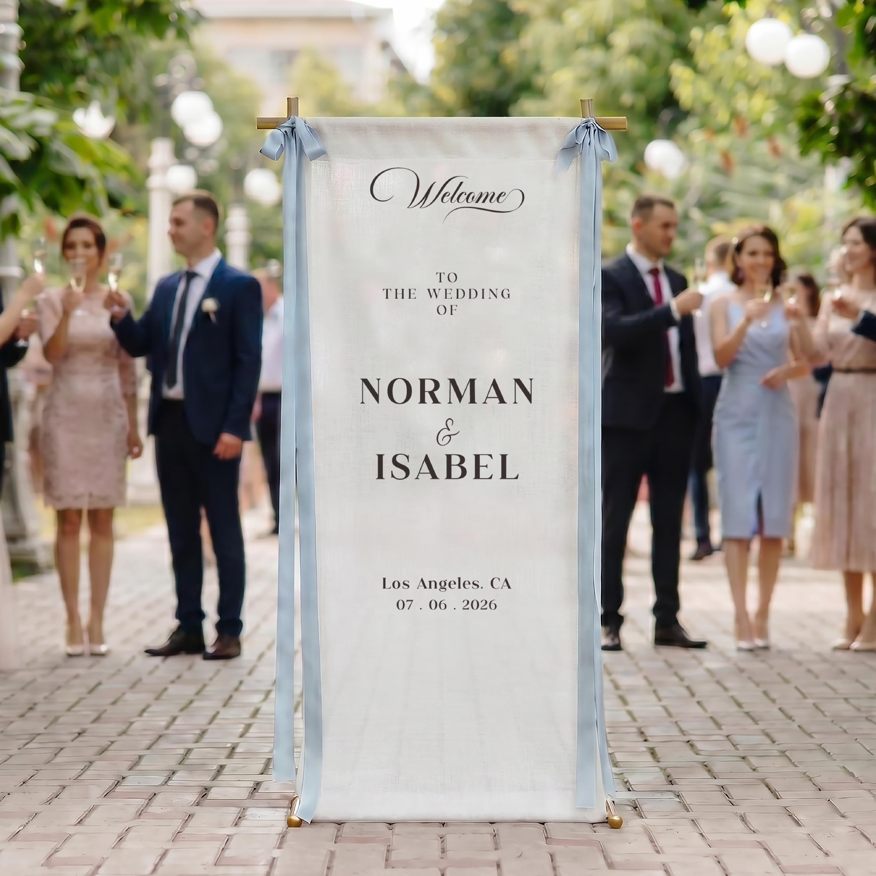 Custom Linen Wedding Welcome Sign - Personalized Boho Ceremony Decor with Name & Date
