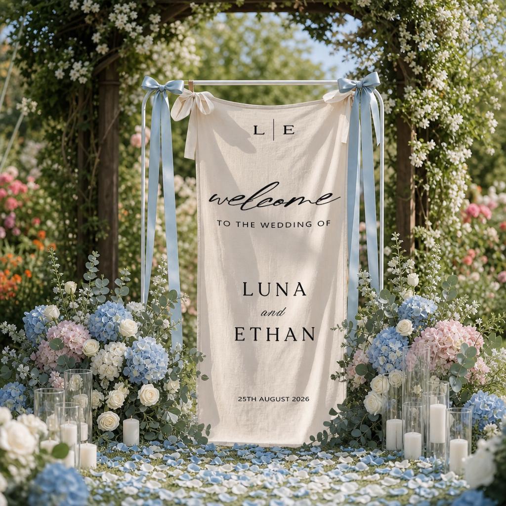 Wedding Welcome Banner ,Personalized Wedding Sign ,Faux Linen Wedding Banner,Lawn Wedding Decor ,Wedding Ceremony Decor , Welcome Tapestry