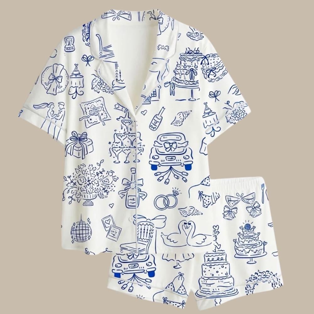 Bridal Pajamas Set – Blue Willow Toile Wedding Pjs – Bachelorette Party Outfit & Getting Ready Outfit
