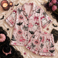 Pink Halloween Pajamas, Ghost with Bow Satin PJ Set, Spooky Coquette Loungewear, Cute Pumpkin Gift