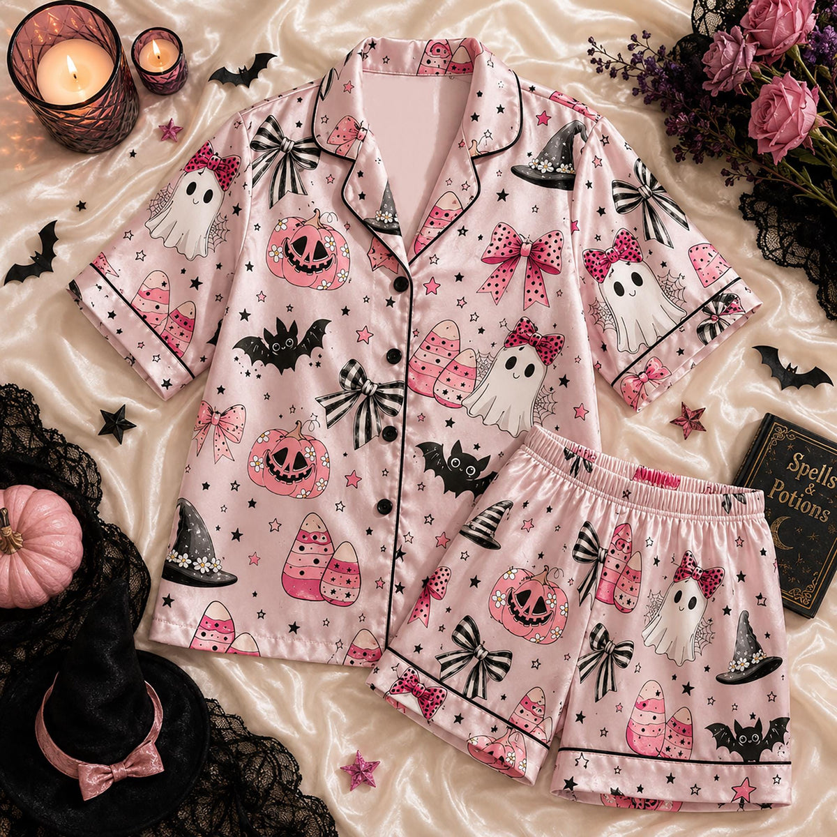 Pink Halloween Pajamas, Ghost with Bow Satin PJ Set, Spooky Coquette Loungewear, Cute Pumpkin Gift