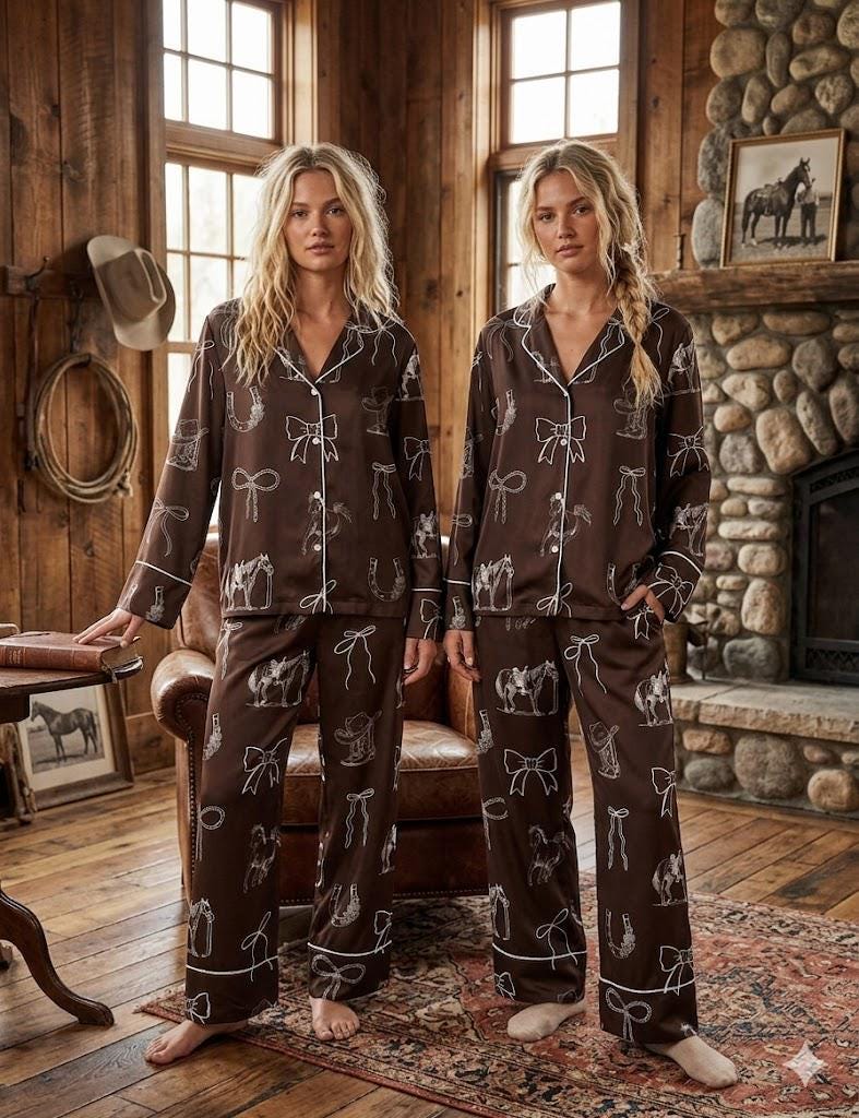 Western Pajama Set - Horse and Coquette Bow Pajamas - Cowgirl Bachelorette Sleepwear, Horse Lover