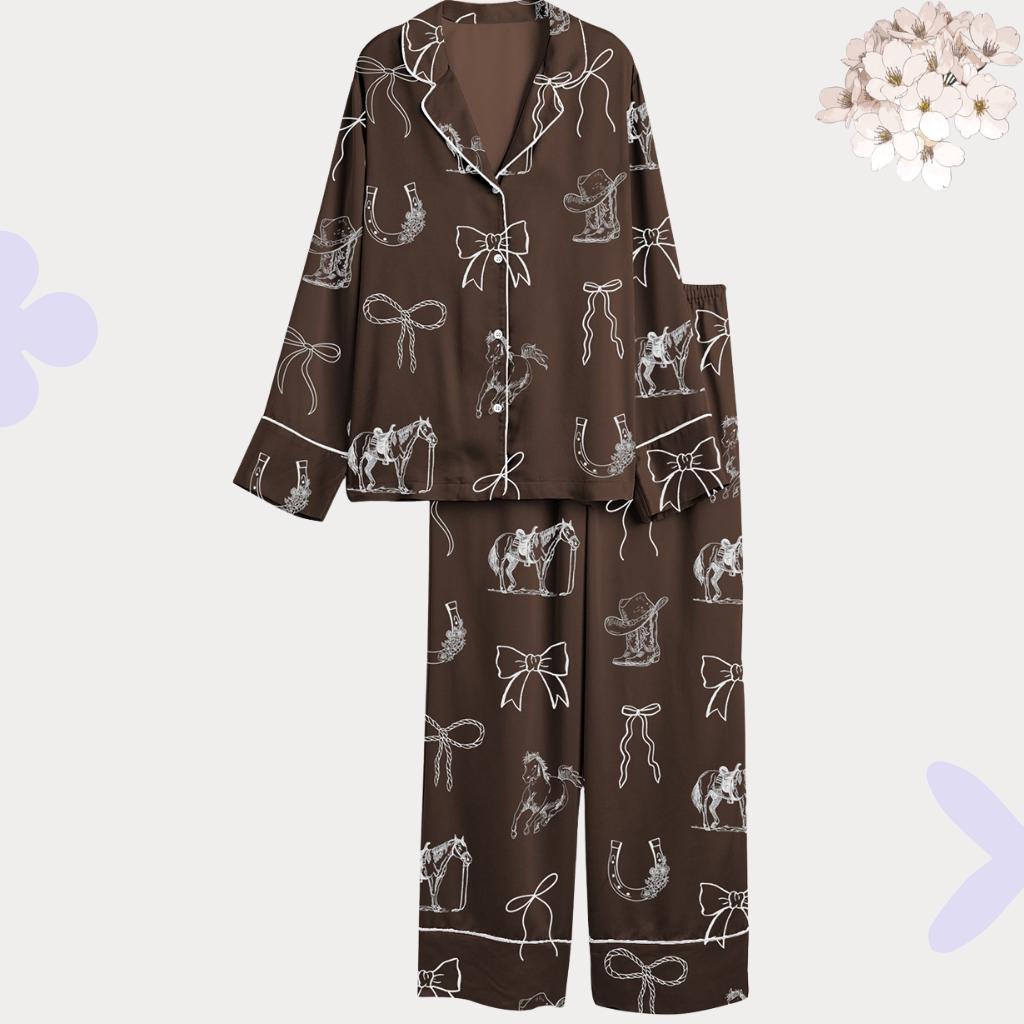 Western Pajama Set - Horse and Coquette Bow Pajamas - Cowgirl Bachelorette Sleepwear, Horse Lover