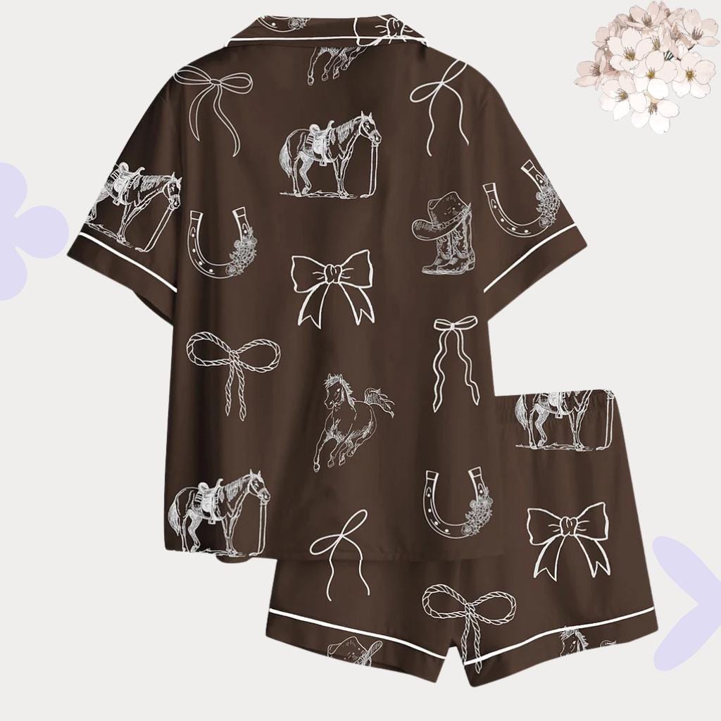 Western Pajama Set - Horse and Coquette Bow Pajamas - Cowgirl Bachelorette Sleepwear, Horse Lover