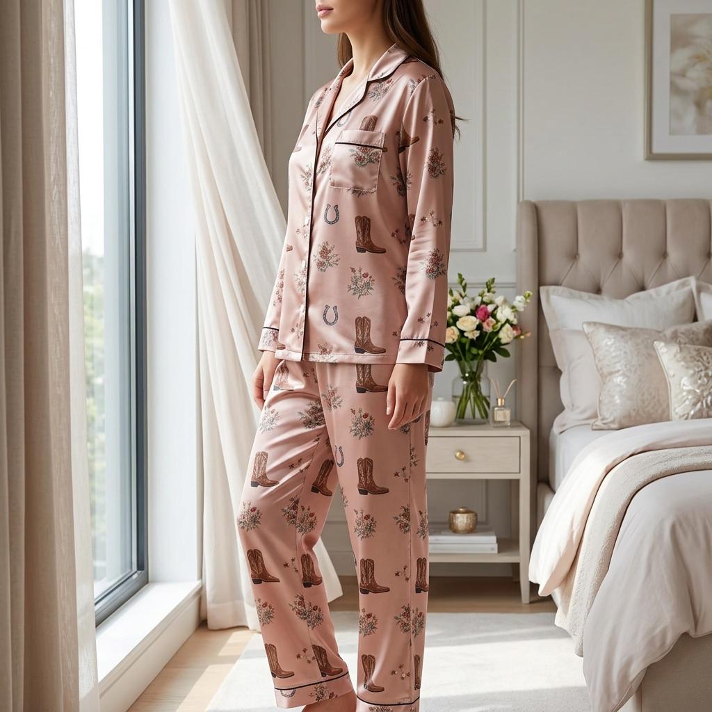 Sweet Cowgirl Satin Pajamas Set, Texas Boots Style Pajamas, Western Pajamas, Cowboy Pajamas, Cowgirl Boots Pajamas, Girly Matching Pajamas