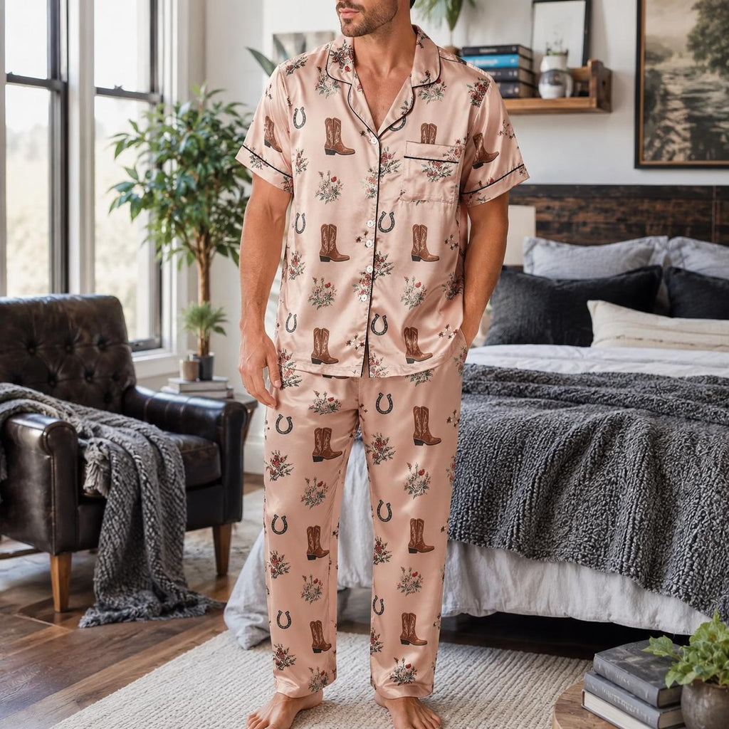 Sweet Cowgirl Satin Pajamas Set, Texas Boots Style Pajamas, Western Pajamas, Cowboy Pajamas, Cowgirl Boots Pajamas, Girly Matching Pajamas