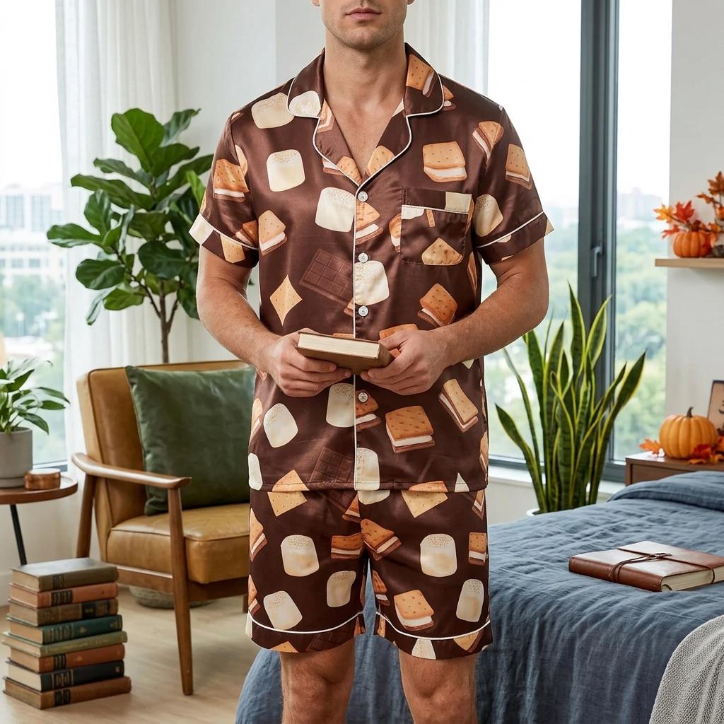 Cute S'mores Satin Pajamas Set, Autumn Pajamas, Cozy Fall Pajamas, Chocolate Pajamas, Fall Snack Pyjamas, Halloween Pjs, Cozy Season Pajamas