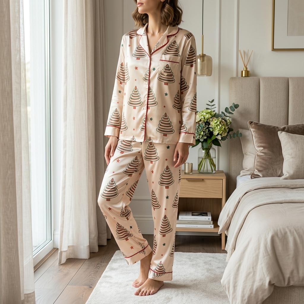 Christmas Tree Cake Satin Pajamas Set, Christmas Cake Pattern Pajamas, Christmas Pajamas, Family Matching Christmas Pajama, Holiday Pajamas