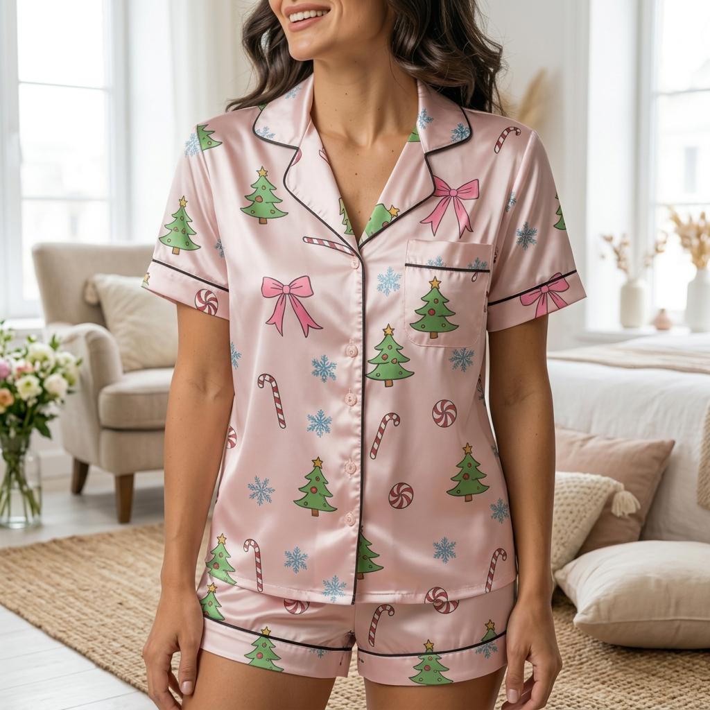 Coquette Christmas Satin Pajamas Set, Candy Canes Christmas Tree Pajamas, Christmas Pajamas, Family Matching Xmas Pajama, Coquette Pajamas