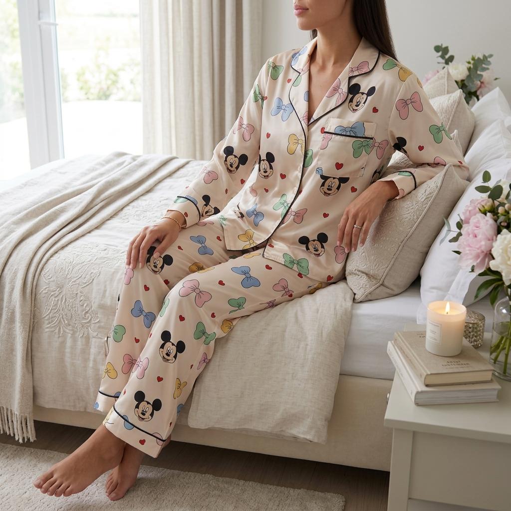 Coquette Mickey Mouse Satin Pajamas Set, Disney Mickey Pajamas, Disney World Loungewear, Mickey and Colorful Bows Sleepwear, Coquette Pajama